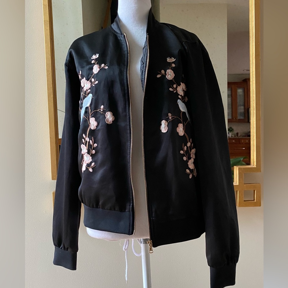 Ci Sono Bomber Jacket Women Size Medium Embroidered Birds Black Satin